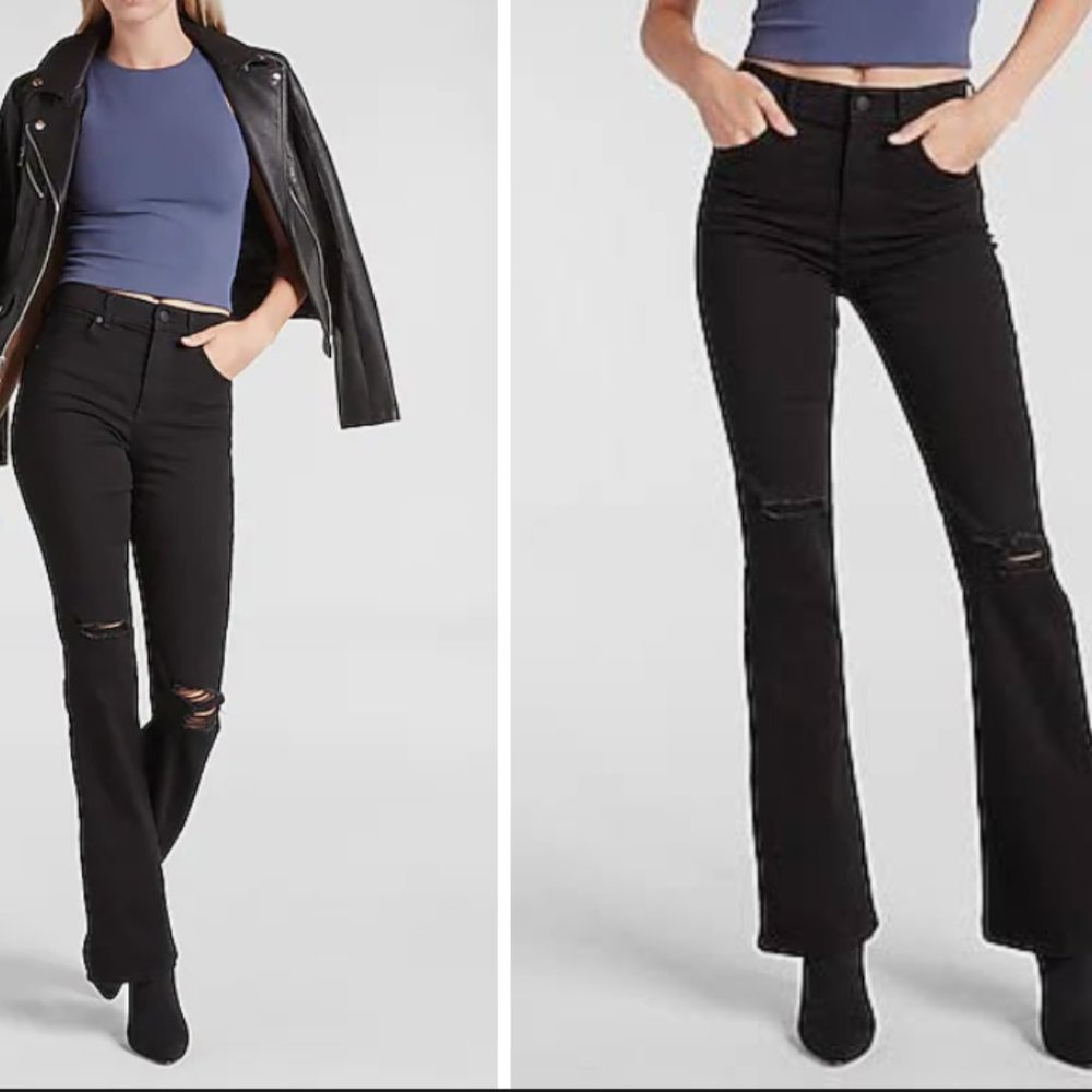 EXPRESS High Waisted Black Ripped Bootcut Jeans